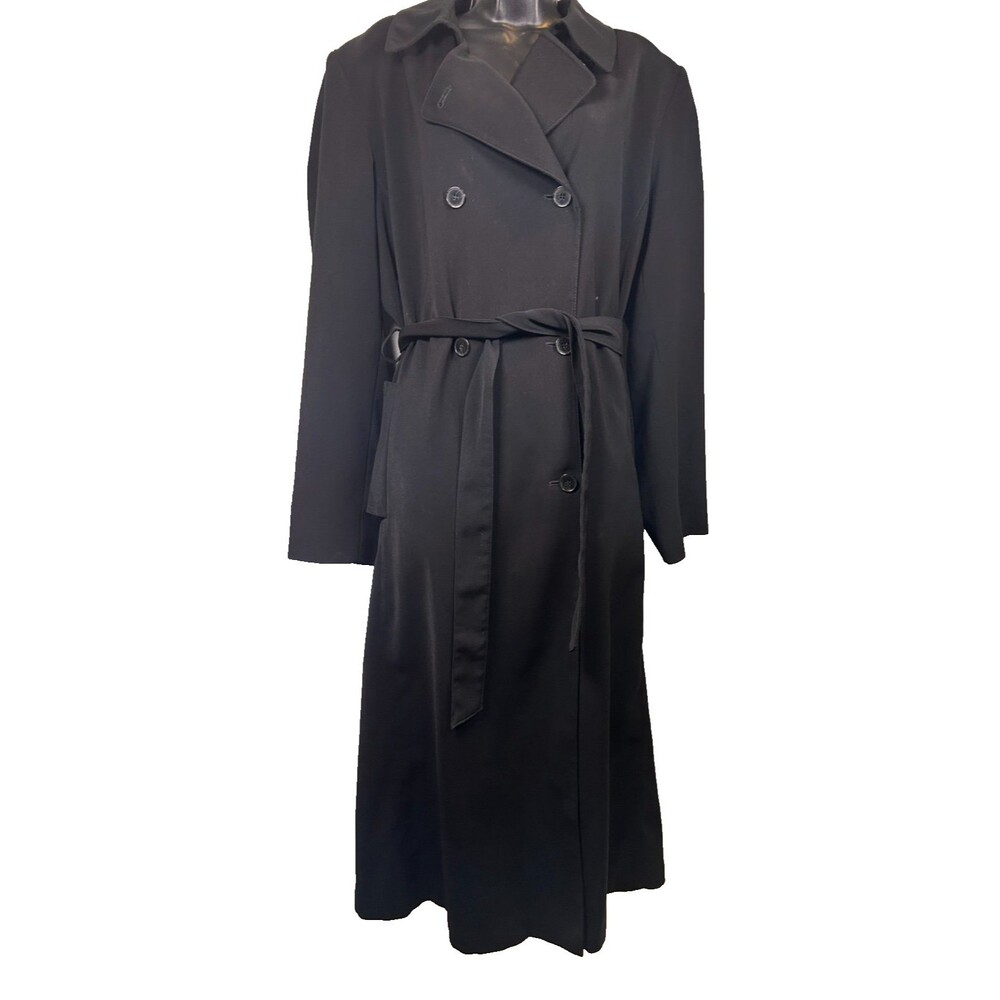 Vintage Gallery Womens Black Trench Coat Size 16 Long Belted Double Breasted